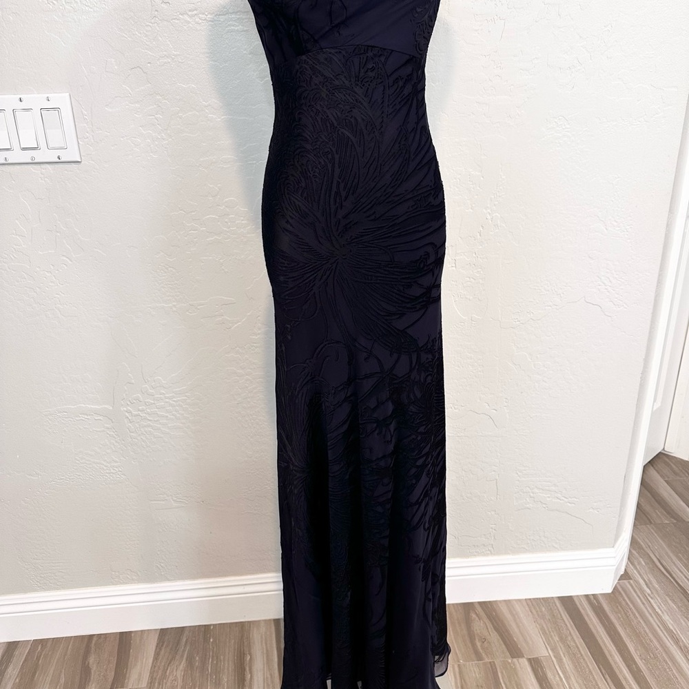 Stunning, Elegant Black Evening Gown with Thin Velvet Detail and Cowl Neckline